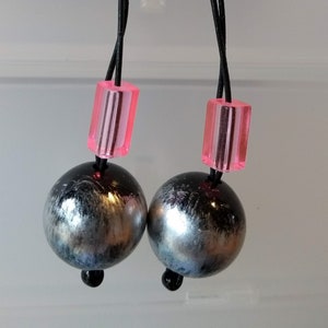Pretty Punk Handmade Earrings Black and Silver distressed paint bead with Neon Pink, Party, Girly and Fierce, colourful & unique