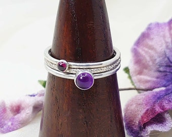 Set of Three Sterling Silver Stacking Rings, Amethyst, Garnet and Sparkly Size S