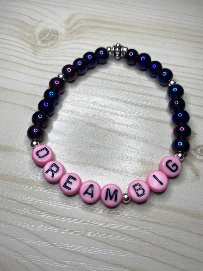 DREAM BIG Word Handmade Beaded Bracelet Bluish Purple.