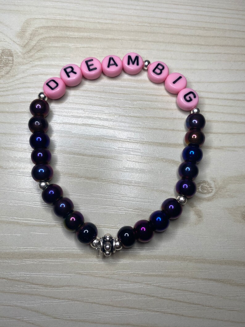 DREAM BIG Word Handmade Beaded Bracelet Bluish Purple.