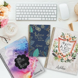 Personalized Beautiful Motivational Notebooks, Laminated Softcover, Choose size and paper, lay flat durable wire-o spiral. Made in the USA.
