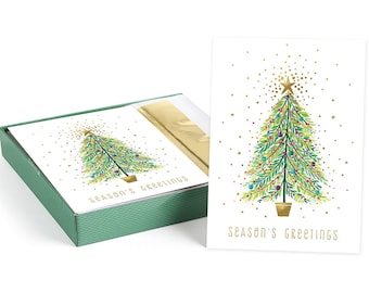 Sparkle Tree Christmas Card Set With Foil Accents / 16 Boxed Holiday Cards With Foil Lined Envelopes / 7 7/8" x 5 5/8" Folded with Verses