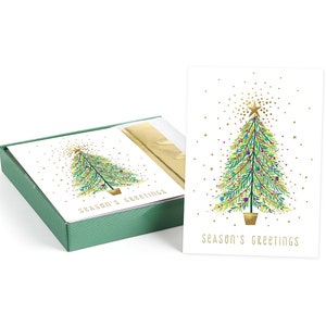 Jeu de cartes de Noël Arbre scintillant avec garnitures en aluminium / 16 cartes de vœux en boîte avec enveloppes doublées en aluminium / 7 7/8 po. x 5 5/8 po. pliées avec versets