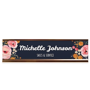 Personalized Floral Desk Sign with Rose Gold Metal Holder