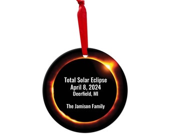 Personalized Solar Eclipse 2024 Ornament / 2.75" Custom Round Metal Ornament / Total Solar Eclipse Keepsake / Made In The USA