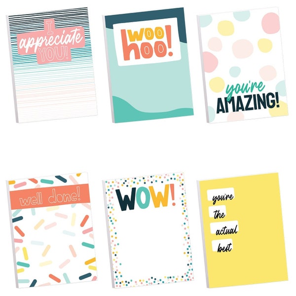 Modern Appreciation Sticky Note Assortment / 3" x 4" Repositionable Sticky Note Set/Set of 6 Colorful Encouragement Pads/Made in The USA