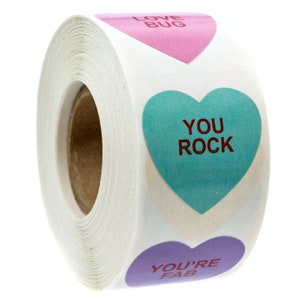 Valentine Candy Heart Stickers: 500 Roll Stickers, 1 1/8&quot;