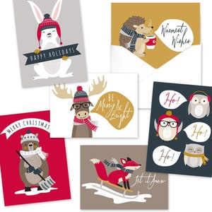 Woodland Animals Holiday Card Pack / 36 Cards And Envelopes Set / 6 Cards per Winter Design/Cheerful Verses Inside/Christmas Greeting Set