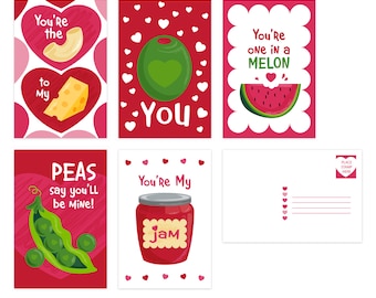 Valentine Food Pun Postcards / 25 Post Card Pack 4" x 6" / Adorable Illustrated Flat Cards For Your Loves