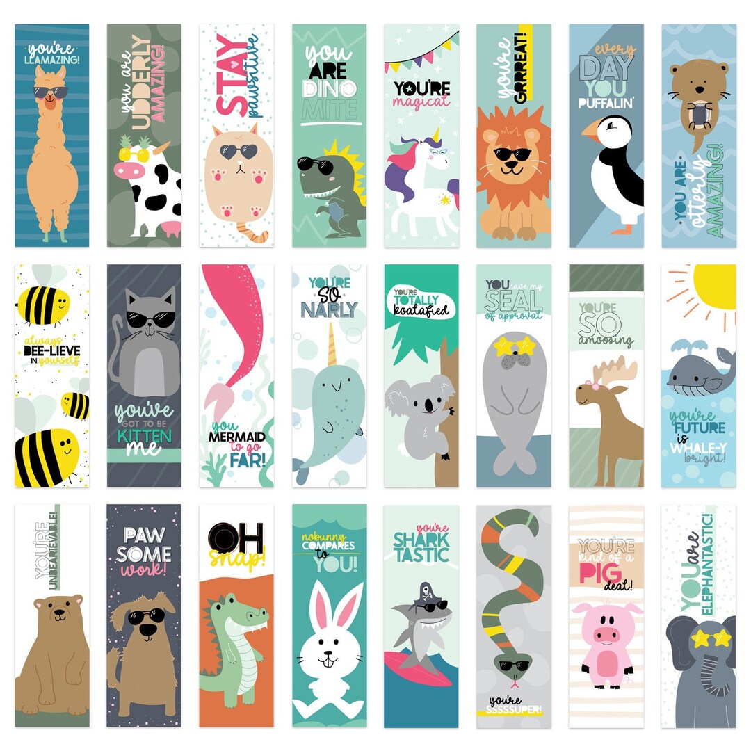 Animal Pun Bookmarks / 2 X 6 Motivational Paper Bookmark Pack / Bulk