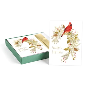 Pine Perched Cardinal Christmas Card Set / 16 Boxed Bird Holiday Cards With Gold Foil Lined Envelopes / 7 7/8" x x 5 5/8" with Inside Verse