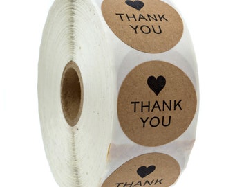 1" Round Kraft Thank You Heart Stickers / 1,000 Labels per Roll