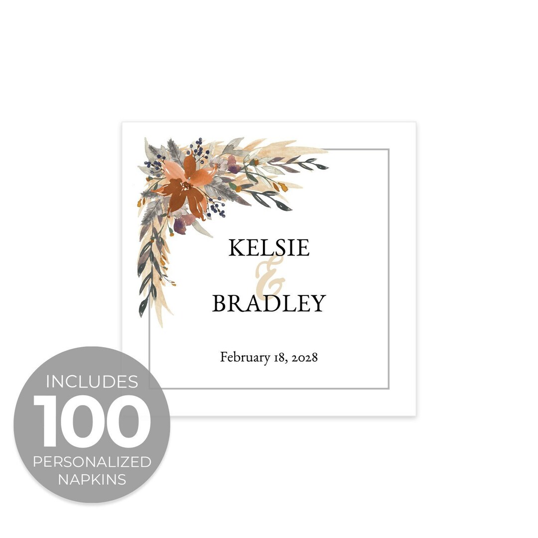 Indie Autumn Floral Personalized Wedding Napkins / 100 Custom Boho