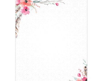 Boho Spirit Letterhead / 80 Sheets 8.5" x 11" Watercolor Floral Arrow Letter Paper