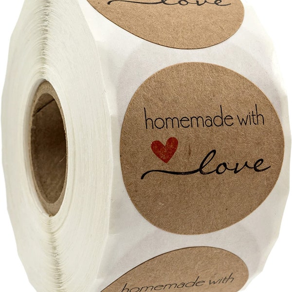 1.5" Round Natural Brown Kraft Homemade With Love Stickers / 500 Brown Kraft Labels Roll / Made In The USA