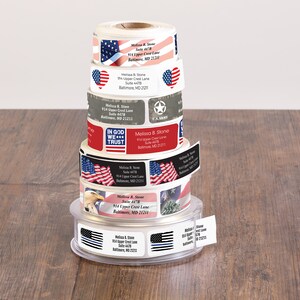 American Flag Heart Personalized Return Address Labels - Roll Of 250 Self-Adhesive Stickers With Plastic Dispenser
