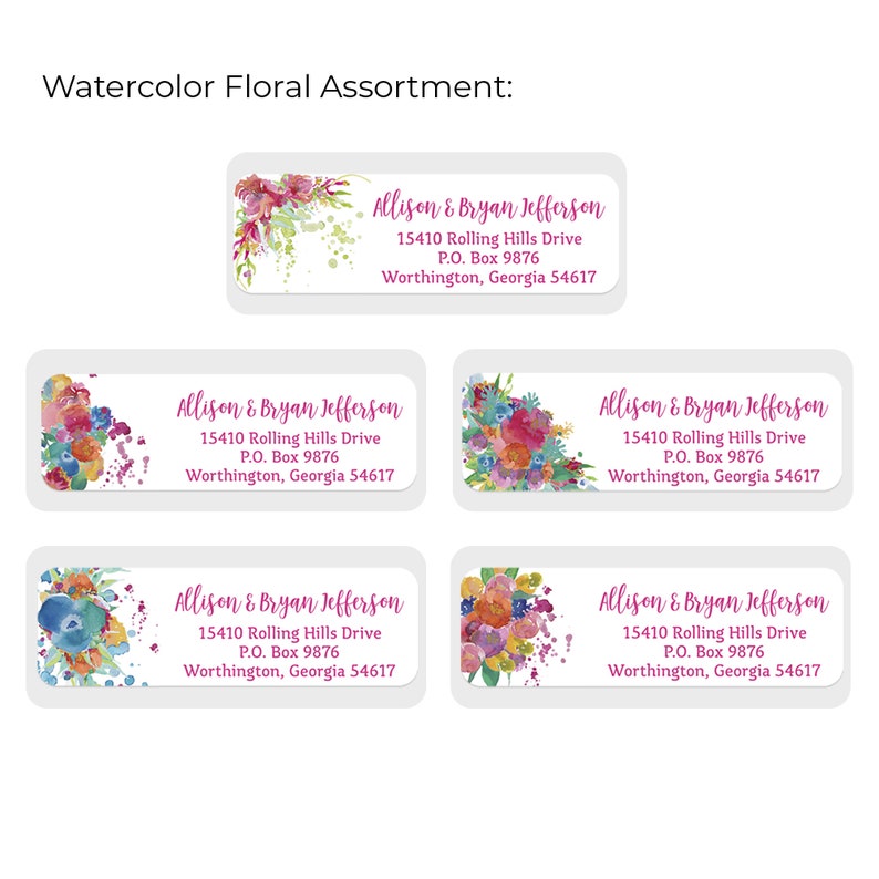 Return Address Labels With Dispenser Roll of 250 or 500 labels Mailing Stickers Wedding Labels Modern Full Color Floral Designs 1H-Watercolor Floral