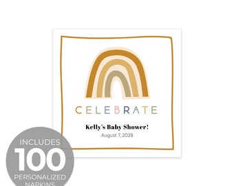 Modern Rainbow Personalized Beverage Napkins / 100 Custom Napkins / Adorable Gender Neutral Design / Party Supplies / Made In The USA