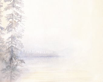 Morning Mist Letterhead Letterhead / 80 Sheets 8.5" x 11" Serene Paper / Travel Themed Stationery / Watercolor Lake and Trees Design