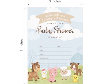 Barnyard Baby Shower Invites / 25 Cards With White Envelopes  / 5" x 7" Farm Animal Invitations / Fill In Gender Neutral Cards / Made In USA