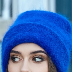 Fluffy angora wool slouchy beanie Extra warm wool knit beanie hat womens Birthday Christmas gifts for her Blue 5048