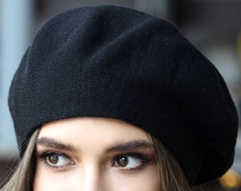 Black Knit Beret Hat for Women Mix Alpaca and Angora Wool