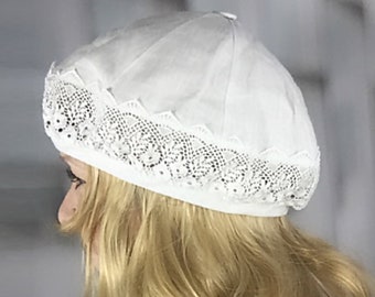 Linen Lace Beret: White Eyelet Summer Hat, Cottagecore