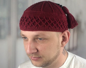 Doble tejido grande musulmán Kufi Hat hombres Oración kufi con borla gorra de cráneo islámico para hombres Gorro de ganchillo hombres Cumpleaños Navidad gif para él