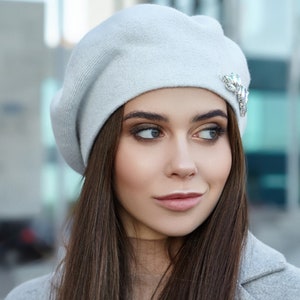 Knit Mohair Beret with Brooch: Vegan Acrylic Winter Hat