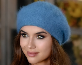 Marine blue knit beret for women Angora wool beanie Dense fluffy hat French beret Birthday Christmas gifts for her