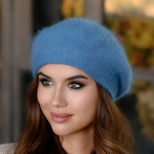 Angora Wool Knit Beret: Fluffy French Style Winter Hat