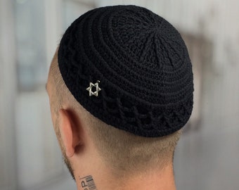 Large black kippah Star of David kippot Big yarmulke Jewish magen david kippa Judaica Rosh Hashanah Passover Hanukkah Bar Mitzvah gift