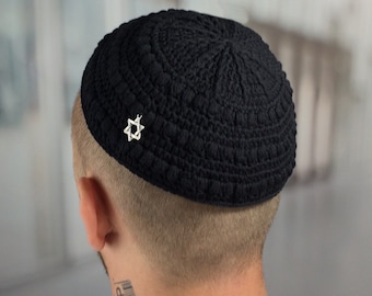 Large black kippah Star of David kippot Big yarmulke Jewish magen david Rosh Hashanah Passover Hanukkah Bar Mitzvah gift