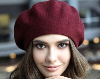 Vegan burgundy knit beret for women Knitted acrylic french beret Birthday Christmas gifts for her