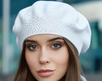 Vegan knit beret for women Christmas hat Crystal beanie White acrylic beret for ladies Winter beanie Birthday Christmas gifts for her