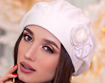 Angora Knit Beret: Handmade Wool Hat with Mink Flower