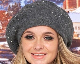 Alpaca Knit Beret: Lined Slouchy Beanie with Swarovski Crystals