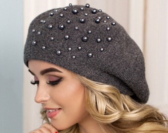 Alpaca Knit Beret: Embellished Slouchy Wool Beanie