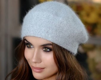 Angora wool knit beret for women Warm beanie winter Dense fluffy angora hat French beret Birthday Christmas gifts for her