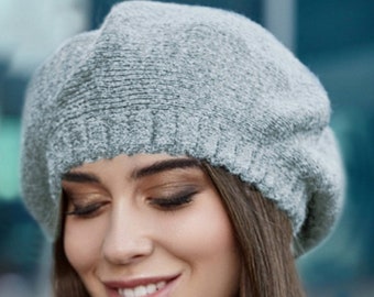 Alpaca knit beret for women Classic french beret Preppy gray beanie hat winter Birthday Christmas gifts for her