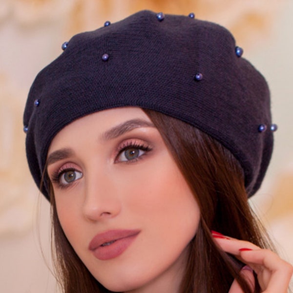 Navy blue knit beret for women Spring hats Classic french beret hat Beret hat with pearl Vegan beanie Birthday Christmas gifts for her
