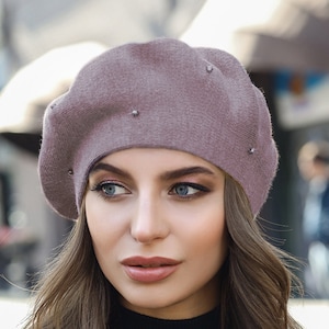 Knit beret for women Spring hats Classic french beret hat Beret hat with pearl Vegan beanie Birthday Christmas gifts for her
