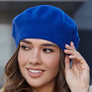 Blue Knit Beret: Vegan Angora Blend, Classic French Style