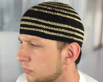Black&gold Finest Breathable Elastic Kufi for Men's: Beanie Jazz or Bass, Stretch Skull Cap Kufi Cap, Muslim Birthday Gifts for Him
