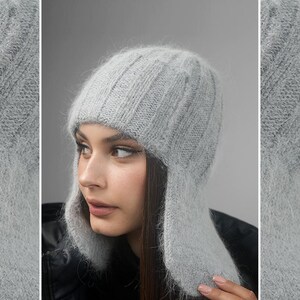 Hand Knit Angora Pilot Hat: Unisex Winter Earflap Beanie