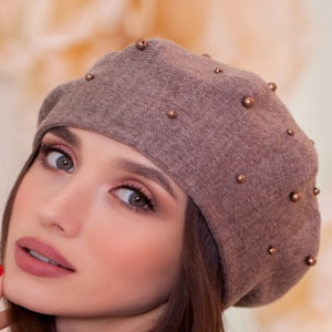 Knit beret for women Spring hats Classic french beret hat Beret hat with pearl Vegan beanie Birthday Christmas gifts for her