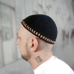 Crochet kippot with gold pattern Large jewish kippah Knit yarmulke Birthday Hashanah Passover Hanukkah Bar Mitzvah Purim Gift for him