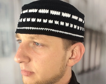 Mens beanies Large black & white kufi Crochet beanie men Large kufi hat Spring hats men Muslim Prayer kufi Birthday Christmas gift for him