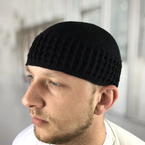 Kufi Large mens beanies Umrah gift Islamic prayer kufi Crochet beanie men Muslim accessories Birthday Ramadan Namaz gift Black