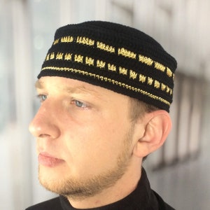 Black & Gold Kufi for Men: Hand Crocheted Muslim Beanie
